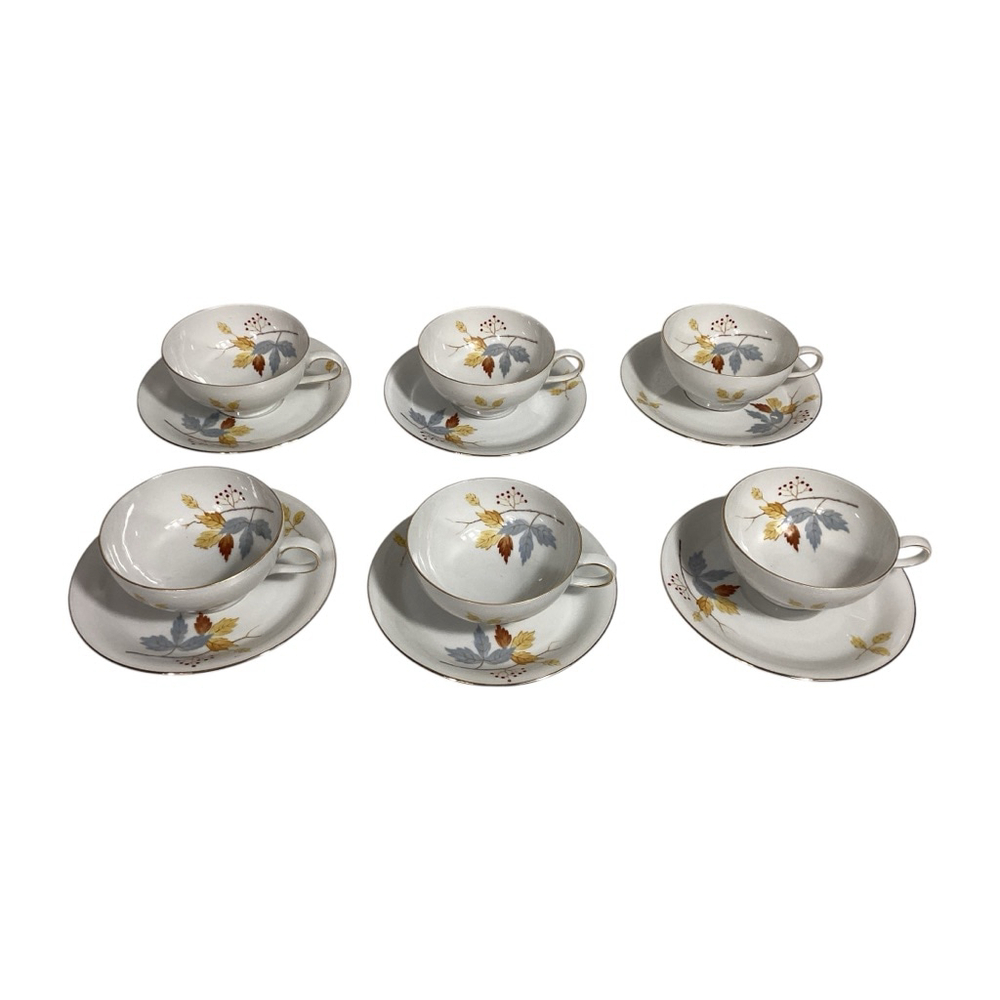 Eschenbach Bavaria White Gold Blue Leaf 12-Pc Tea Set Autumn Fall Leaves saucers